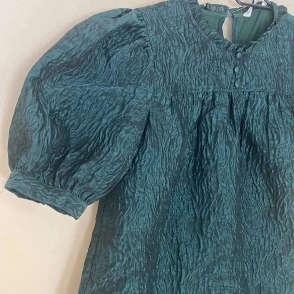 Moon River Ruffled Neck Puff Sleeve Mini Jacquard Dress - Picture 6 of 13